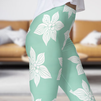 Delicate Green Teal Floral Bloom Pattern Leggings