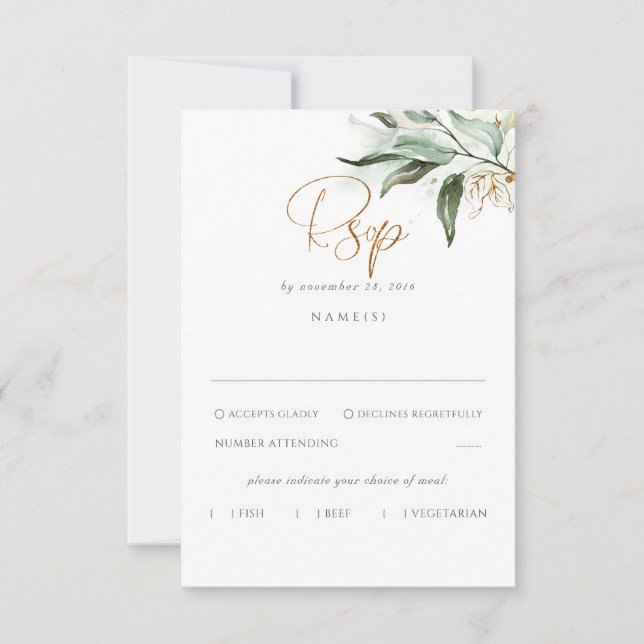 Delicate Greenery and Gold Leaves Wedding RSVP (Front)