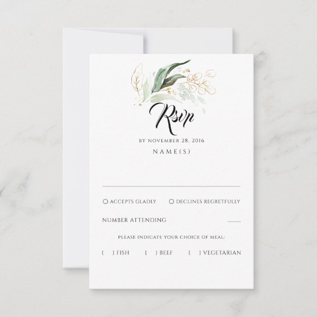 Delicate Greenery and Gold Leaves Wedding RSVP Card (Front)