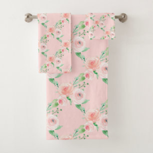 Delicate Greenery Pink Rose Bath Towel Set