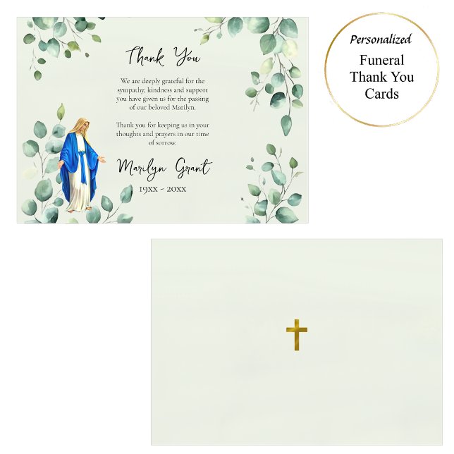 Delicate Greenery Virgin Mary Catholic Funeral Thank You Card (Creator Uploaded)