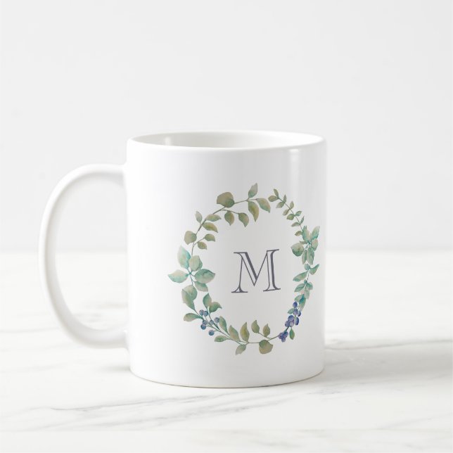 Delicate Greenery | Watercolor Wreath and Monogram Coffee Mug (Left)