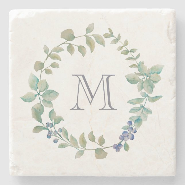 Delicate Greenery | Watercolor Wreath and Monogram Stone Coaster (Front)