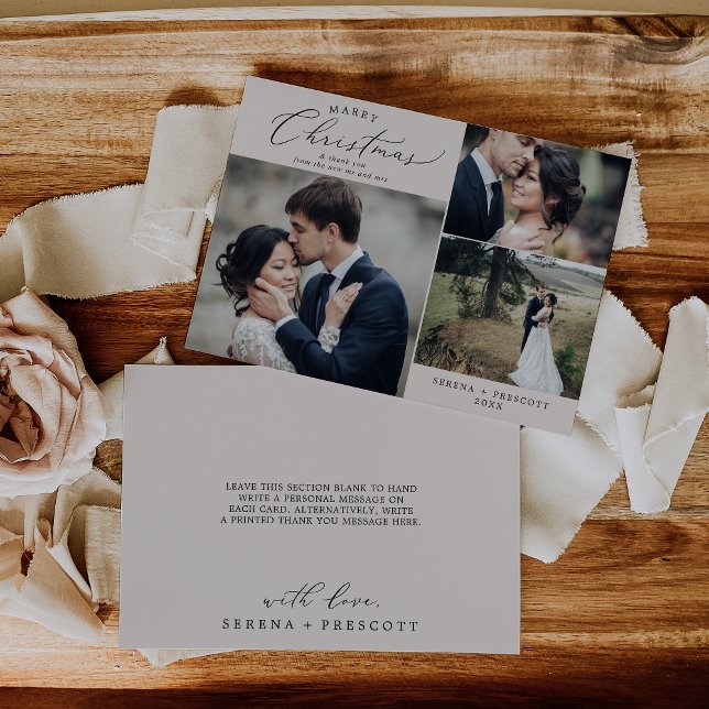Delicate Greige Marry Christmas Wedding Thank You Holiday Card (Creator Uploaded)