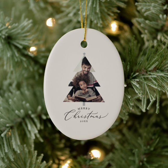 Delicate Greige Merry Christmas Tree Family Photo Ceramic Ornament (Tree)