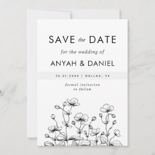 Delicate Hand Drawn Wild Flower Nature Black White Save The Date