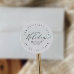 Delicate Happy Holidays Circular Return Address Classic Round Sticker<br><div class="desc">These delicate happy holidays circular return address stickers are perfect for a modern holiday card or invitation envelope. The romantic minimalist design features lovely and elegant black typography on a white background with a clean and simple look.</div>