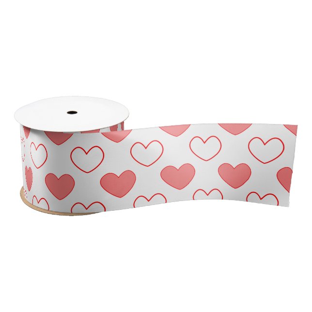 Delicate Heart Shapes White Red Pattern Satin Ribbon (Spool)