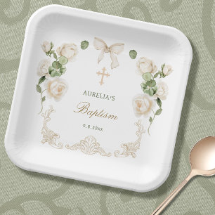 Delicate Ivory Roses Frame Baptism Paper Plate
