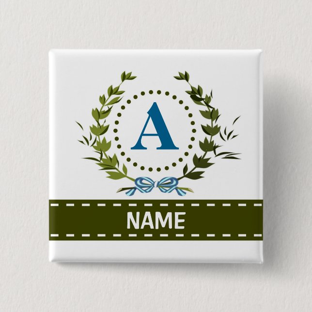Delicate Ivy Wreath and Bow Name with Monogram A 2 Inch Square Button (Front)
