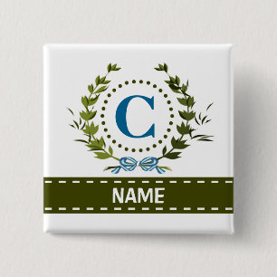 Delicate Ivy Wreath and Bow Name with Monogram C 2 Inch Square Button