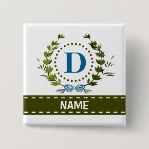Delicate Ivy Wreath and Bow Name with Monogram D 2 Inch Square Button