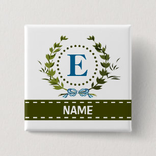Delicate Ivy Wreath and Bow Name with Monogram E 2 Inch Square Button