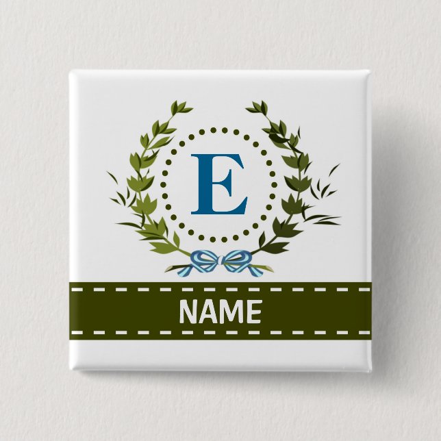 Delicate Ivy Wreath and Bow Name with Monogram E 2 Inch Square Button (Front)