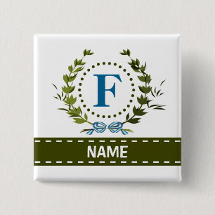 Delicate Ivy Wreath and Bow Name with Monogram F 2 Inch Square Button