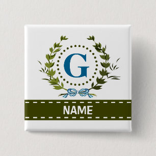 Delicate Ivy Wreath and Bow Name with Monogram G 2 Inch Square Button