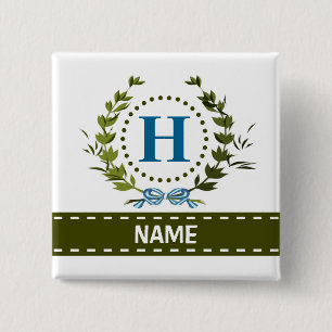 Delicate Ivy Wreath and Bow Name with Monogram H 2 Inch Square Button