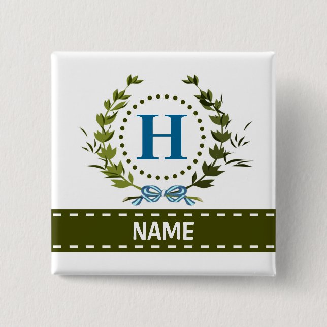 Delicate Ivy Wreath and Bow Name with Monogram H 2 Inch Square Button (Front)