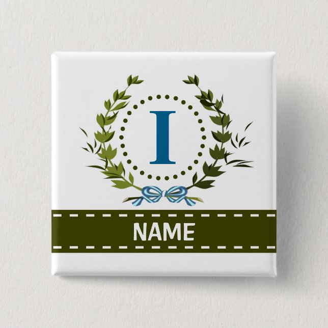Delicate Ivy Wreath and Bow Name with Monogram I 2 Inch Square Button (Front)