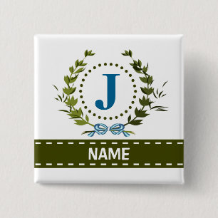 Delicate Ivy Wreath and Bow Name with Monogram J 2 Inch Square Button