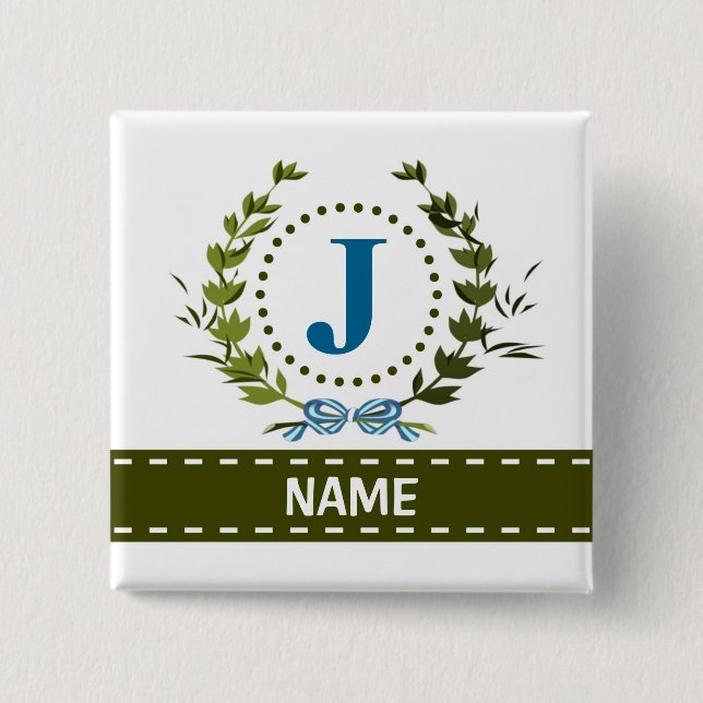 Delicate Ivy Wreath and Bow Name with Monogram J 2 Inch Square Button (Front)