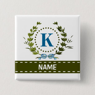 Delicate Ivy Wreath and Bow Name with Monogram K 2 Inch Square Button