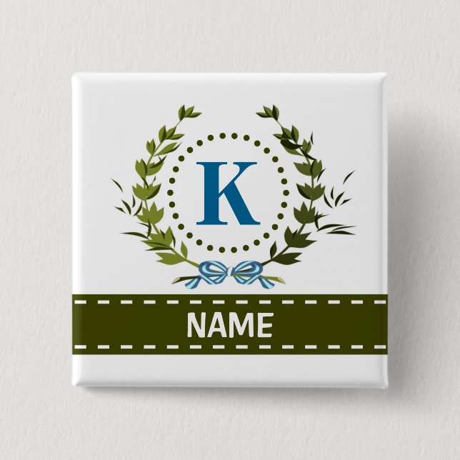 Delicate Ivy Wreath and Bow Name with Monogram K 2 Inch Square Button (Front)