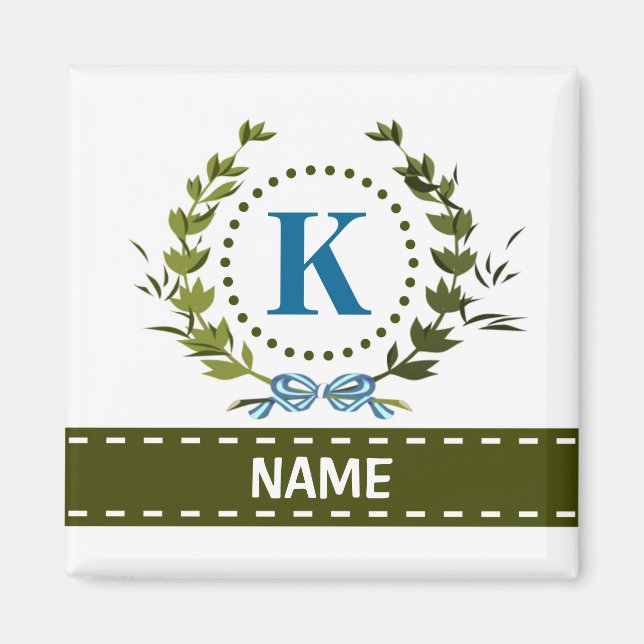 Delicate Ivy Wreath and Bow Name with Monogram K Magnet (Front)