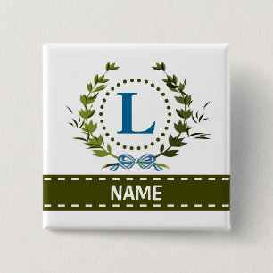 Delicate Ivy Wreath and Bow Name with Monogram L 2 Inch Square Button