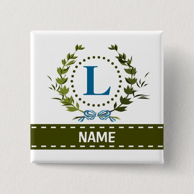 Delicate Ivy Wreath and Bow Name with Monogram L 2 Inch Square Button (Front)