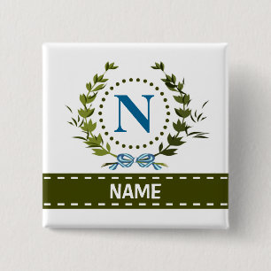 Delicate Ivy Wreath and Bow Name with Monogram N 2 Inch Square Button