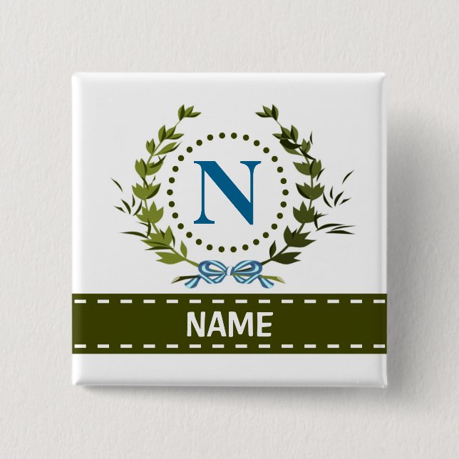 Delicate Ivy Wreath and Bow Name with Monogram N 2 Inch Square Button (Front)