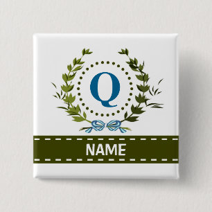 Delicate Ivy Wreath and Bow Name with Monogram Q 2 Inch Square Button