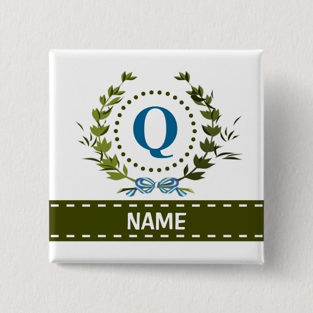Delicate Ivy Wreath and Bow Name with Monogram Q 2 Inch Square Button (Front)