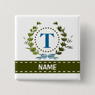 Delicate Ivy Wreath and Bow Name with Monogram T 2 Inch Square Button