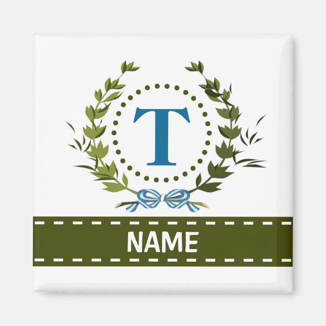Delicate Ivy Wreath and Bow Name with Monogram T Magnet (Front)