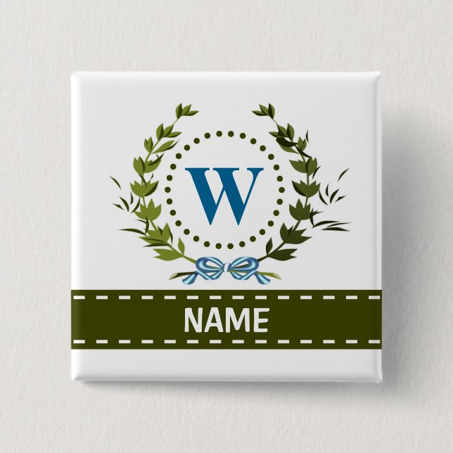 Delicate Ivy Wreath and Bow Name with Monogram W 2 Inch Square Button (Front)