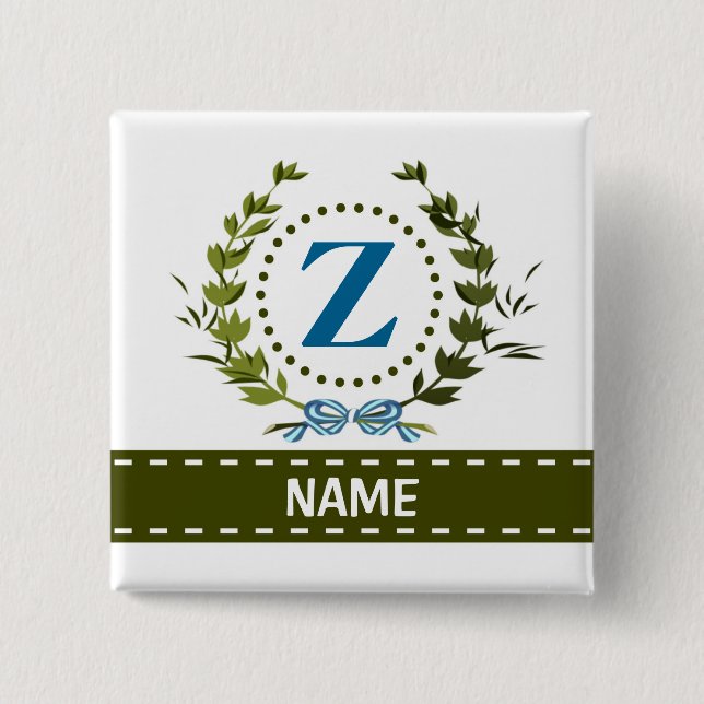 Delicate Ivy Wreath and Bow Name with Monogram Z 2 Inch Square Button (Front)
