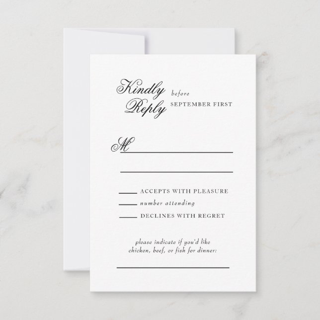 Delicate Lace Black and Gold Script Wedding RSVP Card (Front)