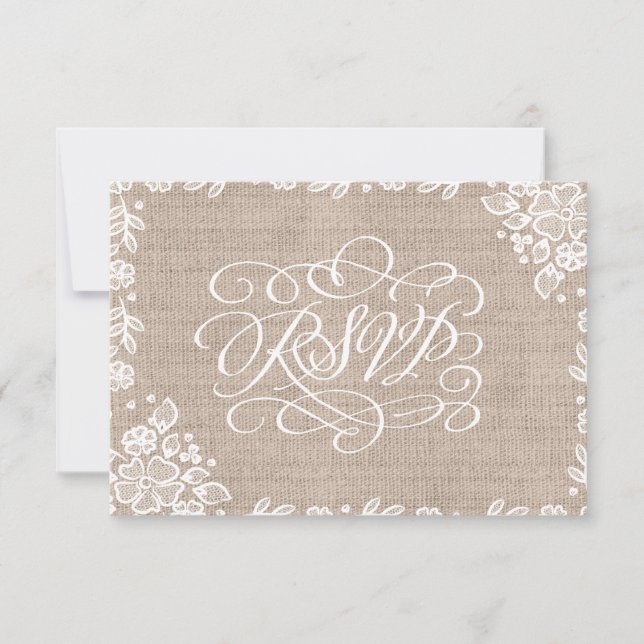Delicate Lace Burlap Rustic Wedding RSVP (Front)