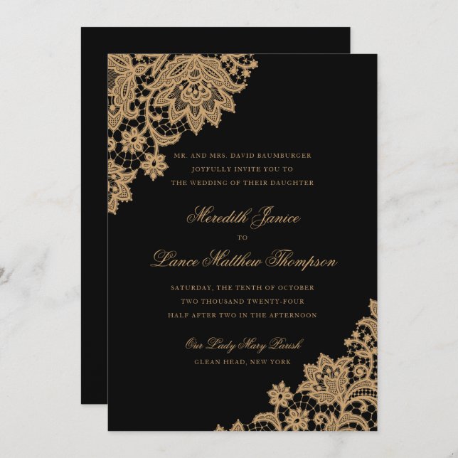 Delicate Lace Corner Black and Gold Script Wedding Invitation (Front/Back)