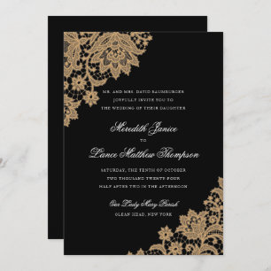 Delicate Lace Corner Black and Gold Script Wedding Invitation