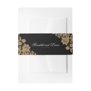 Delicate Lace Corner Black and Gold Script Wedding Invitation Belly Band