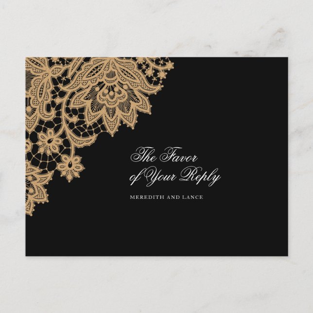 Delicate Lace Corner Black and Gold Wedding Reply Invitation Postcard (Front)