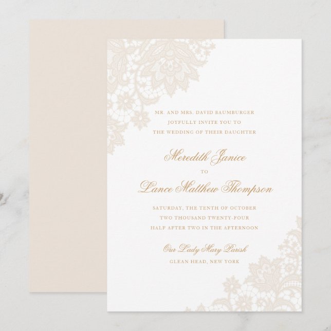 Delicate Lace Corner Ivory and Gold Script Wedding Invitation (Front/Back)