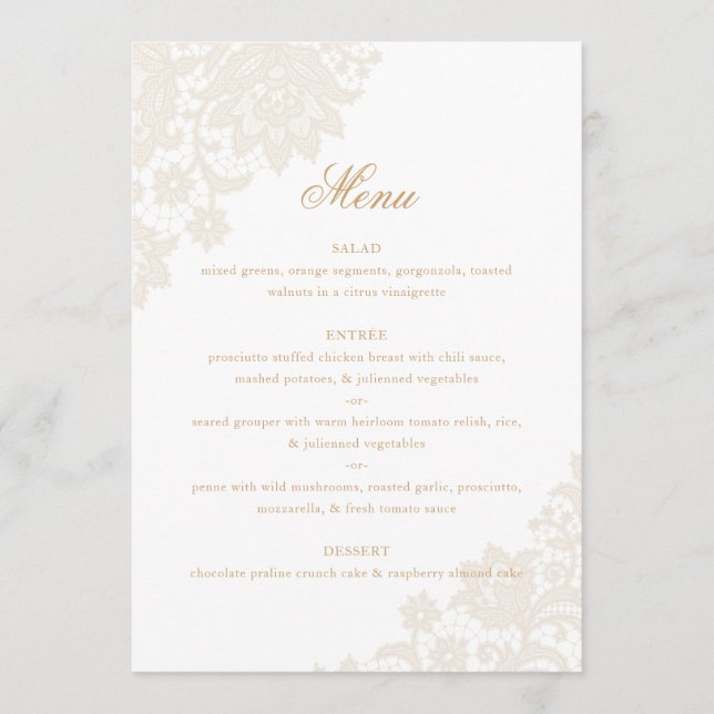 Delicate Lace Corner Ivory and Gold Script Wedding Menu (Front)