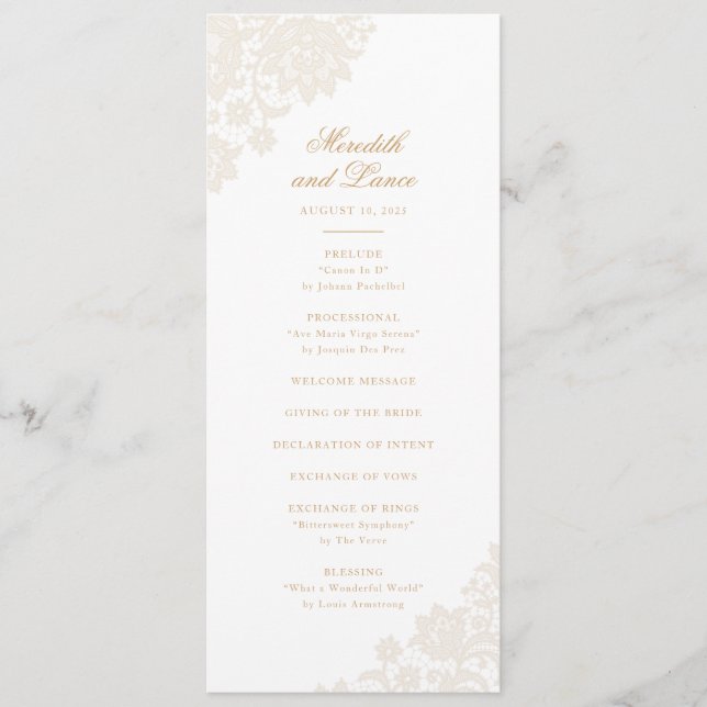 Delicate Lace Corner Ivory and Gold Script Wedding Program (Front)