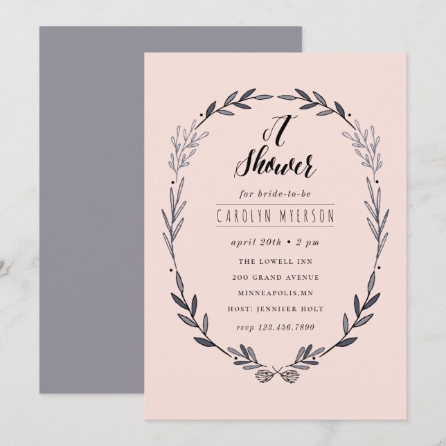 Delicate leafy frame bridal shower invitation (Front/Back)