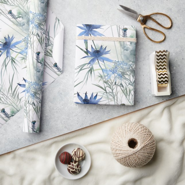 Delicate Light Blue Zen Floral Pattern Wrapping Paper (Crafts)