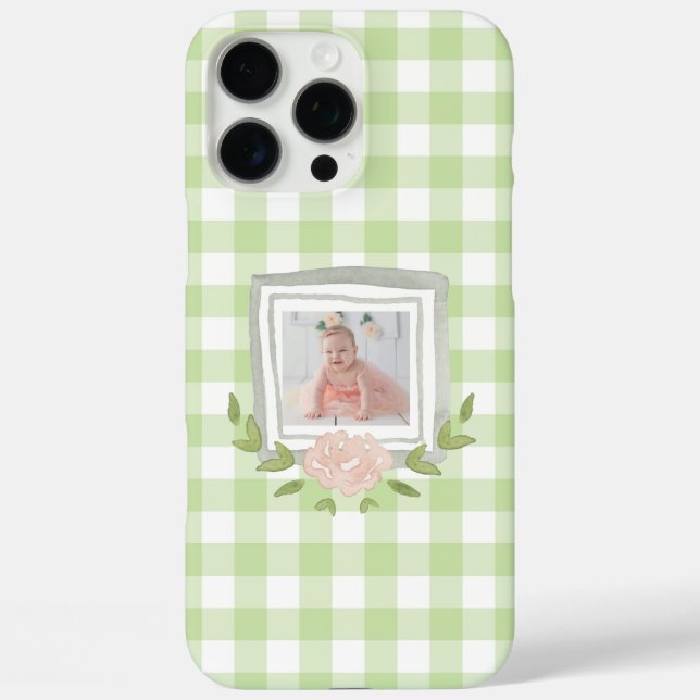 Delicate Light Green Buffalo Check Your Baby Photo Case-Mate iPhone Case (Back)